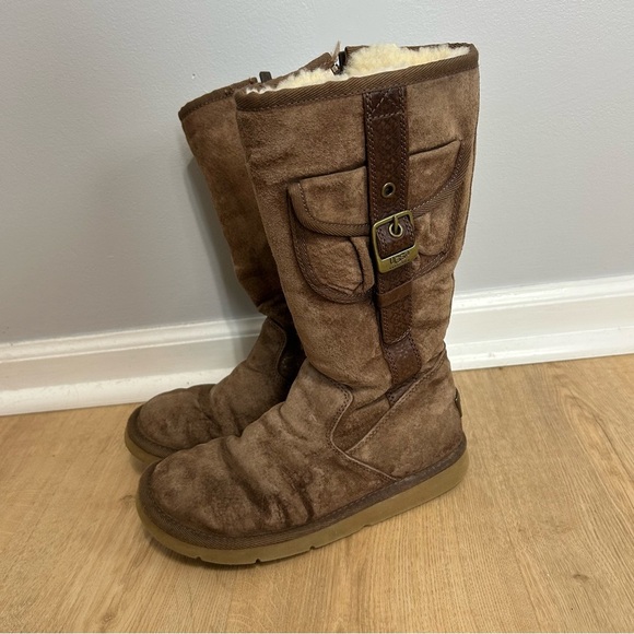 Ugg Australia Chestnut Tan Leather Sheepskin Tall Cargo Winter Boots Buckle 6 - Picture 1 of 8